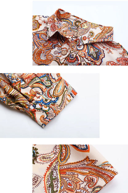 Print Buckle Turndown Collar Blouses