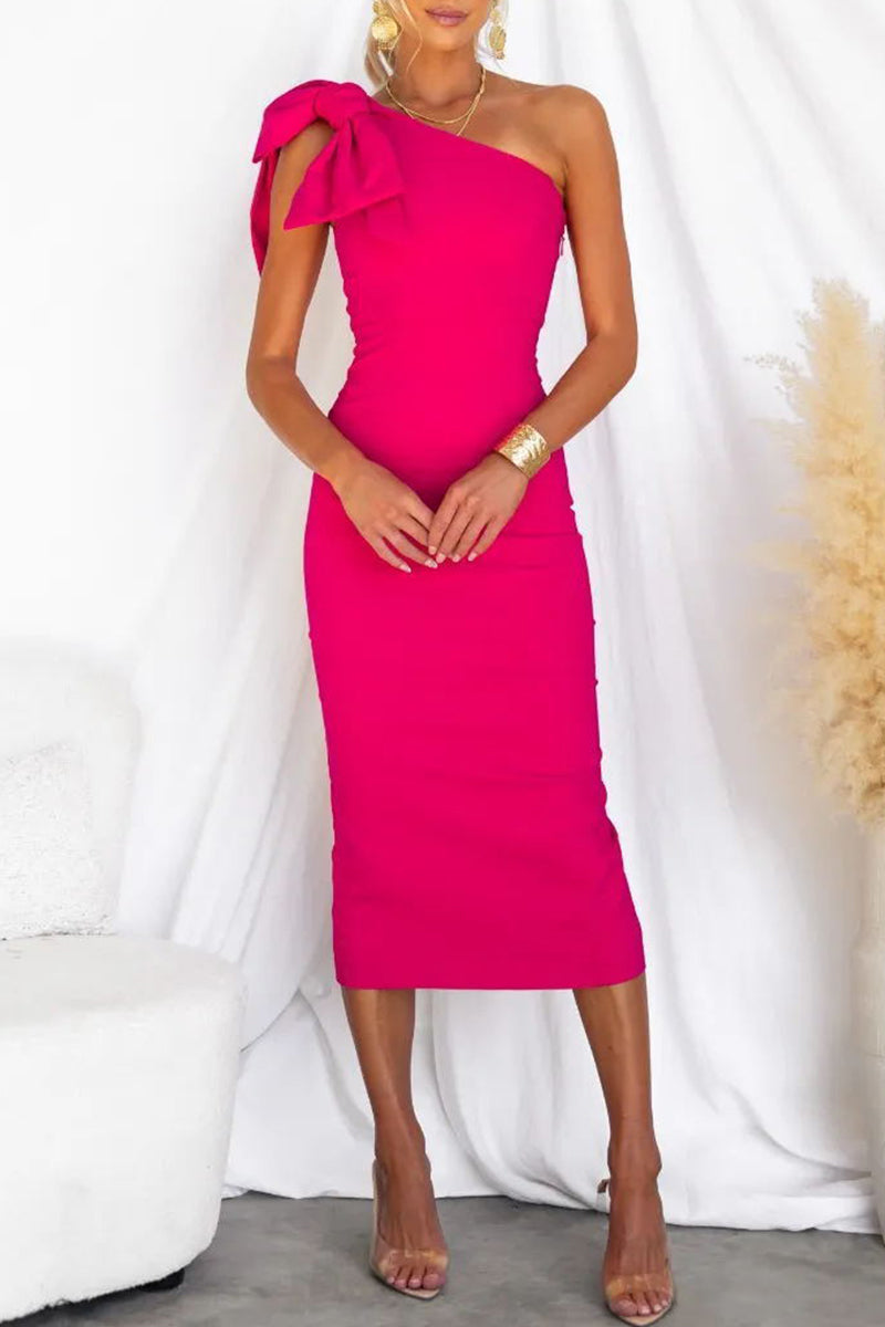 Slit With Bow Oblique Collar Wrapped Skirt Dresses