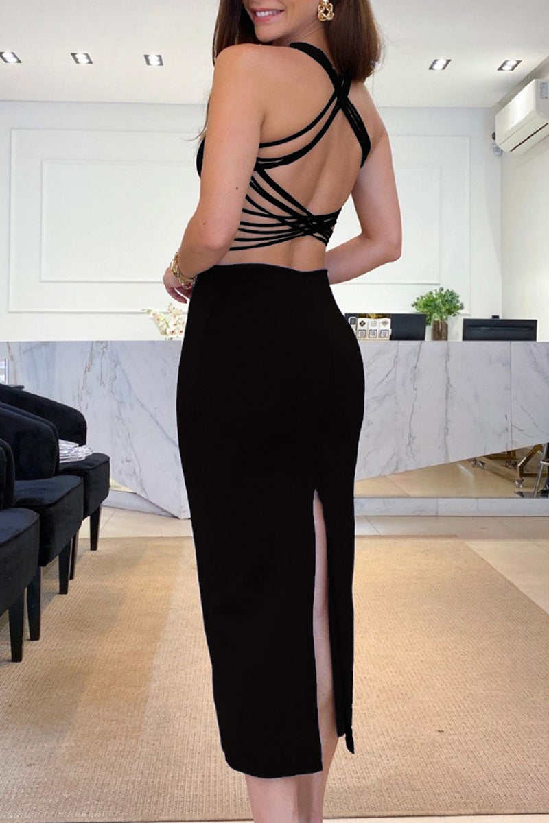 Backless High Opening U Neck Wrapped Skirt Dresses