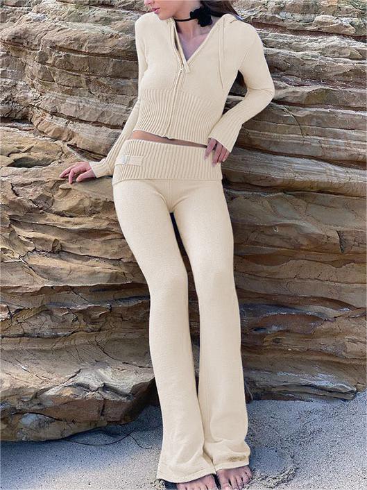 Retro Knitted Two Piece Set With Zip and Hood