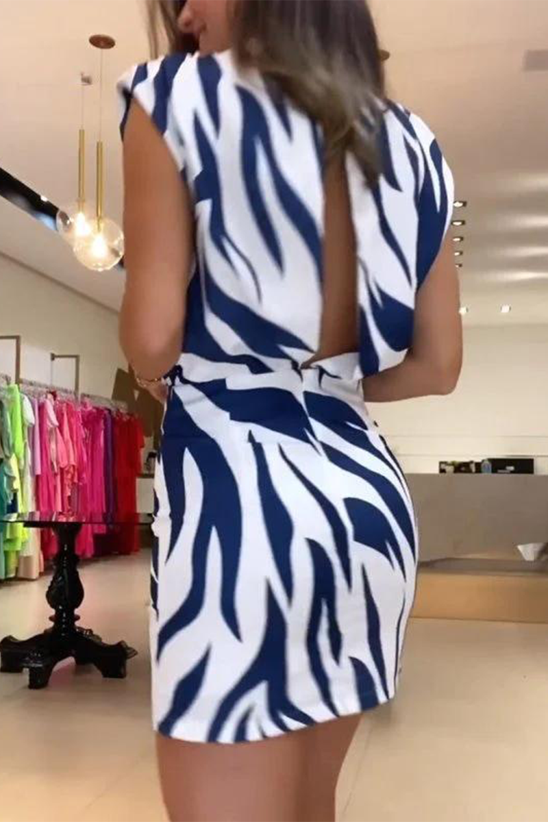 Geometric Print Backless Half a Turtleneck Wrapped Skirt Dresses