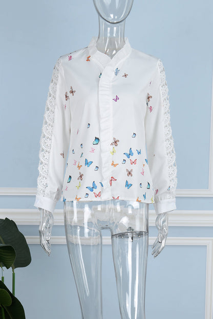 Print Hollowed Out Patchwork V Neck Blouses