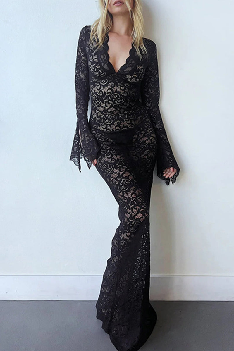 Street Lace Patchwork See-through V Neck Long Dress Dresses