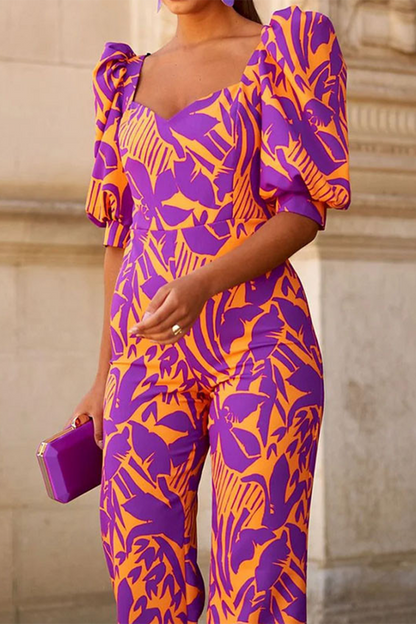 Geometric Print Patchwork V Neck Regular Jumpsuits