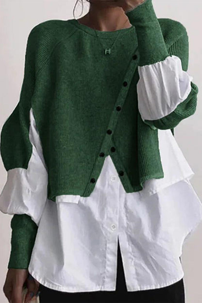 Patchwork Buttons O Neck Blouses(6 Colors)