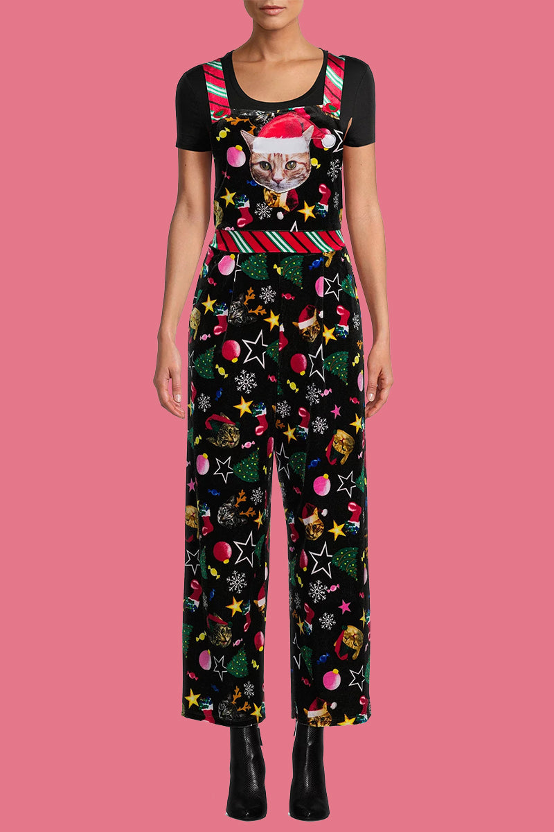 Wapiti Snowflakes Christmas Tree Printed Patchwork Square Collar Loose Jumpsuits
