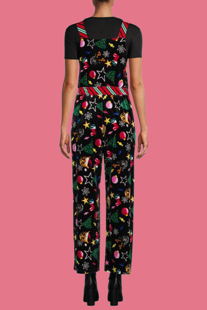 Wapiti Snowflakes Christmas Tree Printed Patchwork Square Collar Loose Jumpsuits