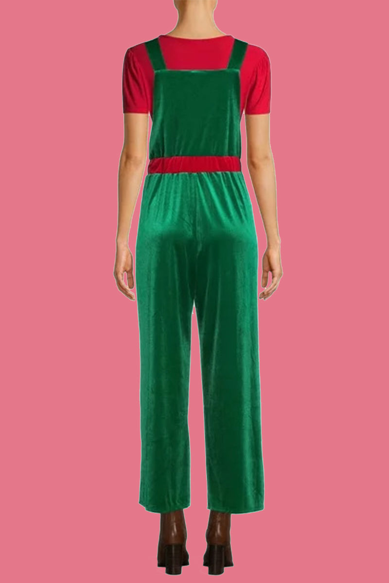 Wapiti Snowflakes Christmas Tree Printed Patchwork Square Collar Loose Jumpsuits