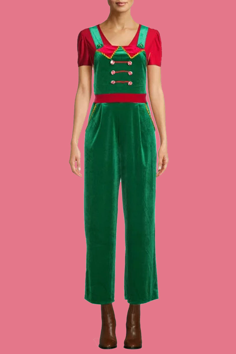 Wapiti Snowflakes Christmas Tree Printed Patchwork Square Collar Loose Jumpsuits