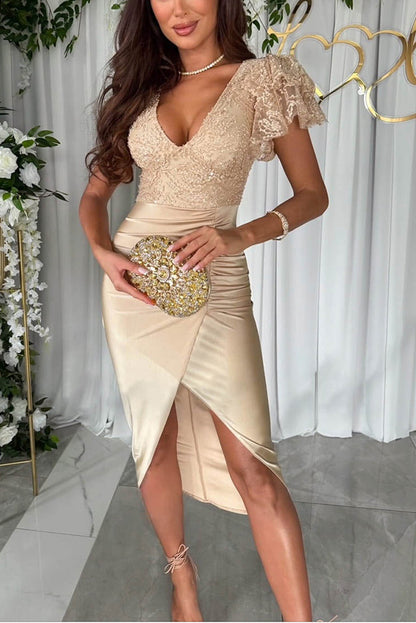 Dreamy Lace and Satin Patchwork Ruffle Sleeve Ruched Midi Dress