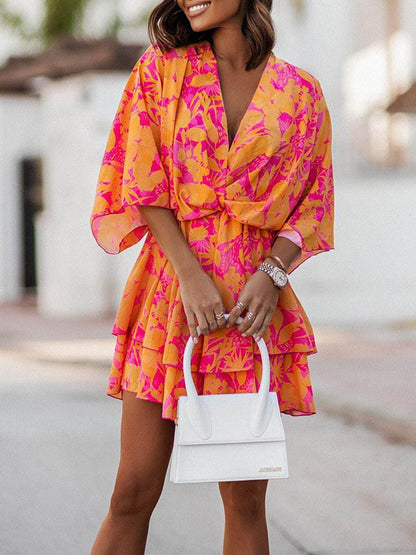 A-line High Waisted Double Layered Elasticity Printed V-neck Mini Dresses