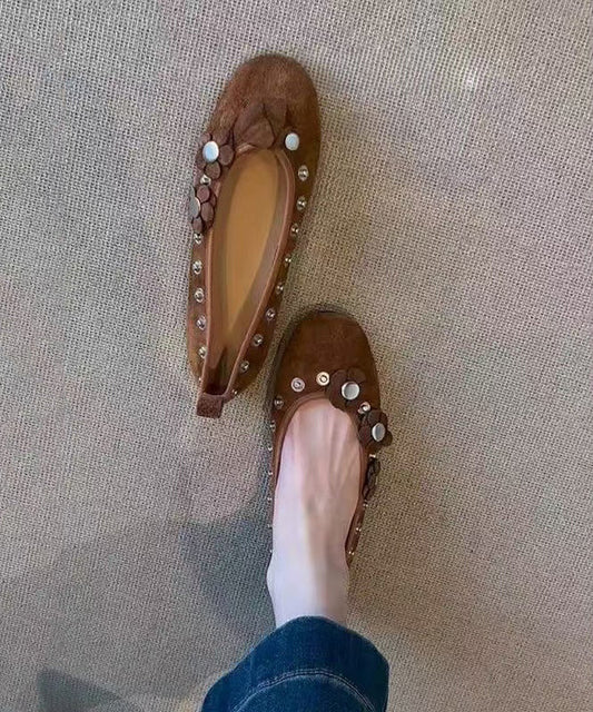 Brown Suede Rivet Splicing Flat Shoes for