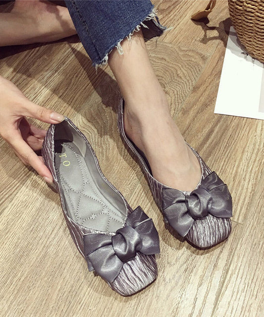 Grey Bow Pleated Penny Loafers Flats Shoes