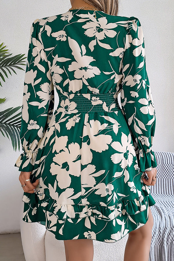 Print V-neck Lace-up Long-sleeve Elastic Waist Mini Dress