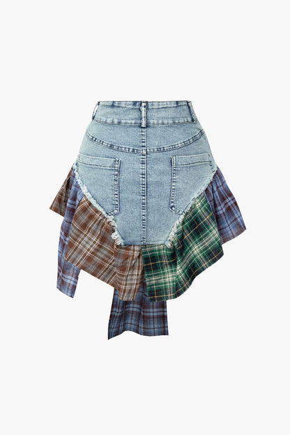 Asymmetric Check Patchwork Denim Mini Skirt