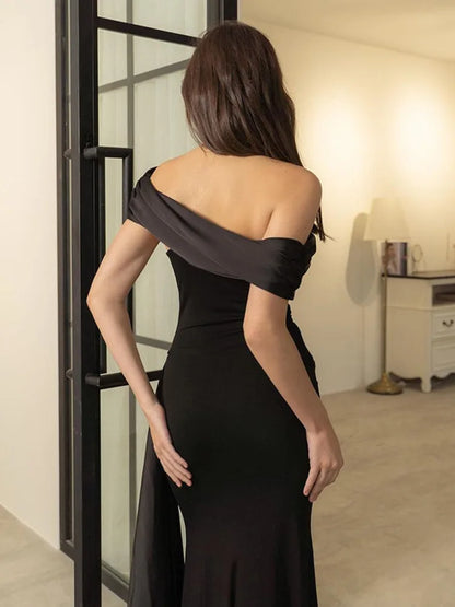 One Shoulder Mesh Patchwork Ribbon Dress New Slim Fit Black Female Long Dress Party Evening Dress