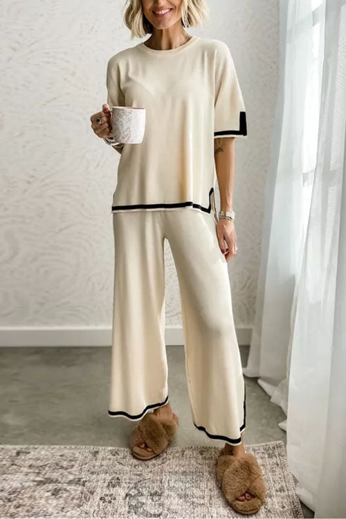 Color Block Short Sleeves Side Split Pullover Wide Leg Pants Knitting Loungewear Set