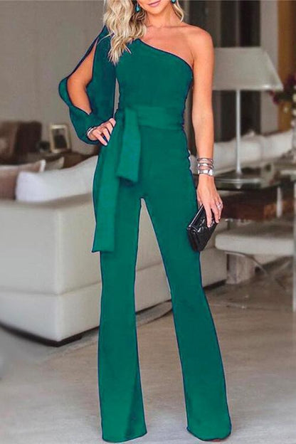 Moxidress One Shoulder Slit Sleeve Tie Knot Jumpsuit(7 Colors)
