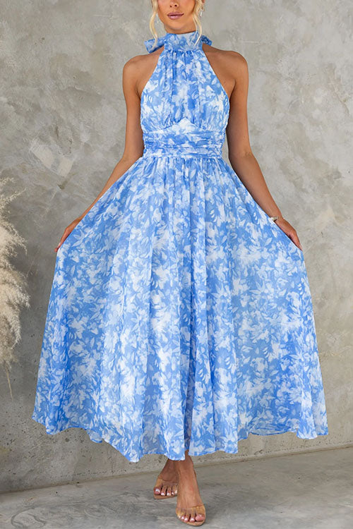 Bow Neck Halter Backless Print Maxi Dress
