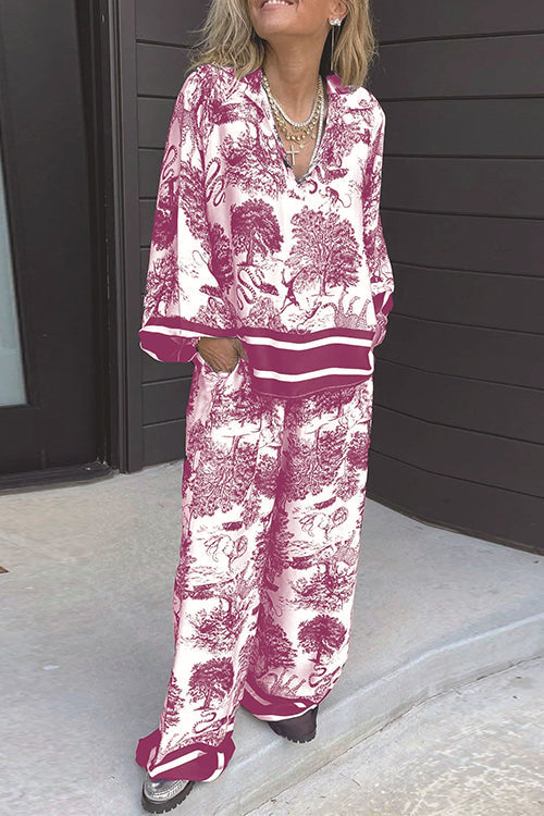 Moxidress Lapel V Neck Long Sleeves Shirt Wide Leg Pants Printed Set