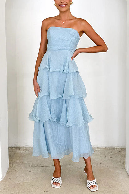 Strapless Empire Waist Ruffle Layered Maxi Dress
