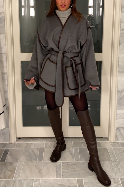 Moxidress Open Front Pocketed Splice Coat With Belt