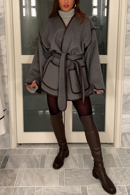 Moxidress Open Front Pocketed Splice Coat With Belt