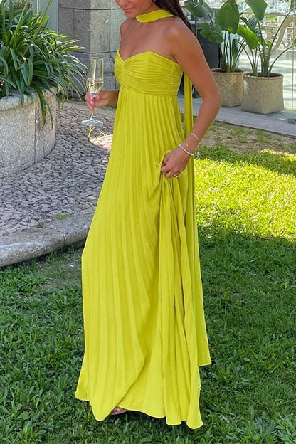 Moxidress Strapless Back Lace-up Pleated Maxi Dress