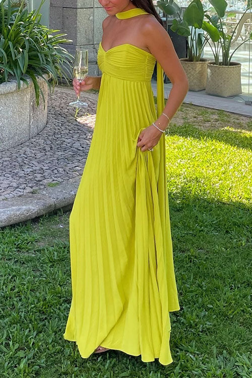 Moxidress Strapless Back Lace-up Pleated Maxi Dress