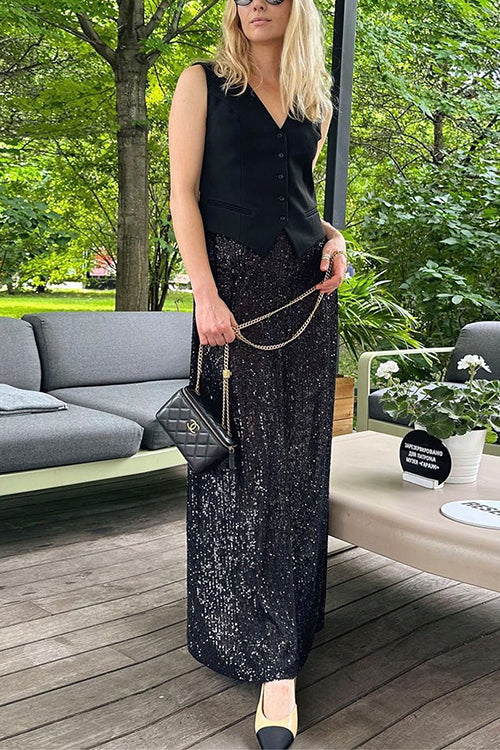 Elastic Waist Sequin A-line Maxi Skirt