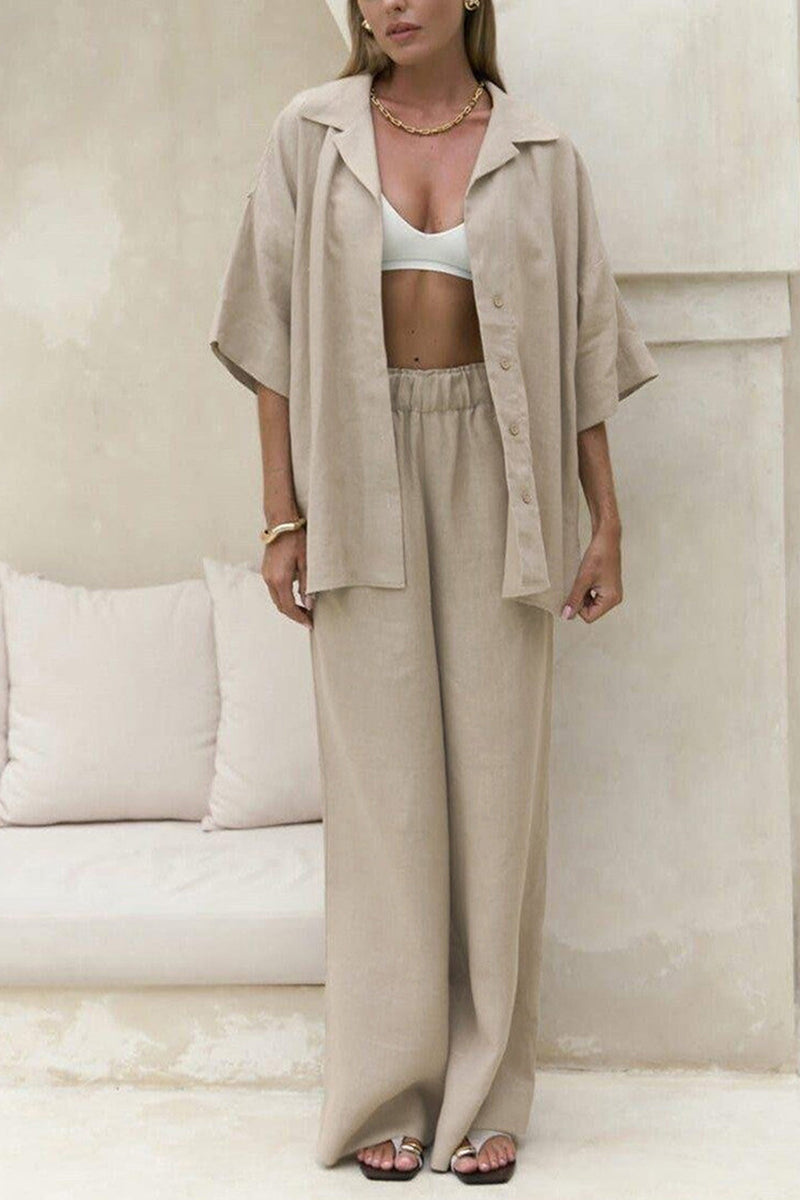 Color Cotton Half Sleeve Blouse Pants Set