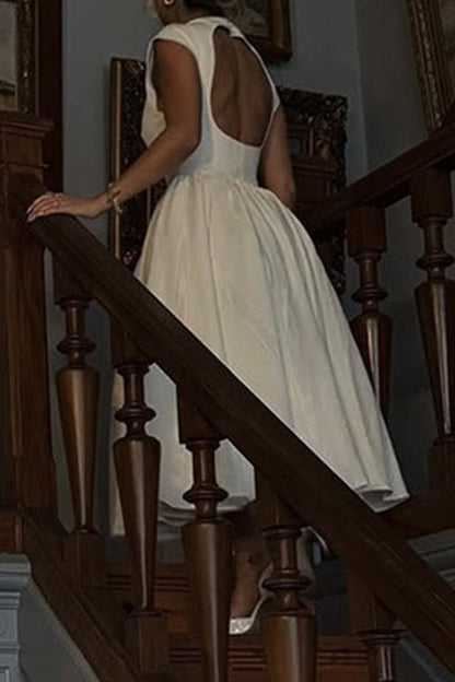 Moxidress Cap Sleeves Open Back Waisted Swing Midi Dress