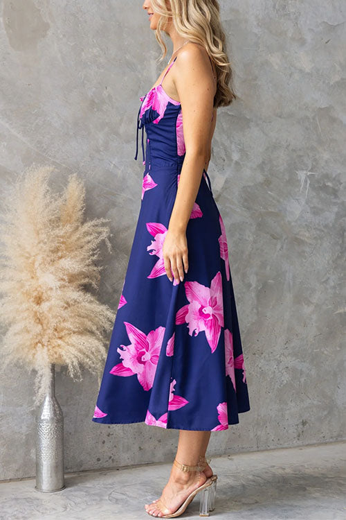 Adjustable Strap Back Lace-up Print Midi Dress