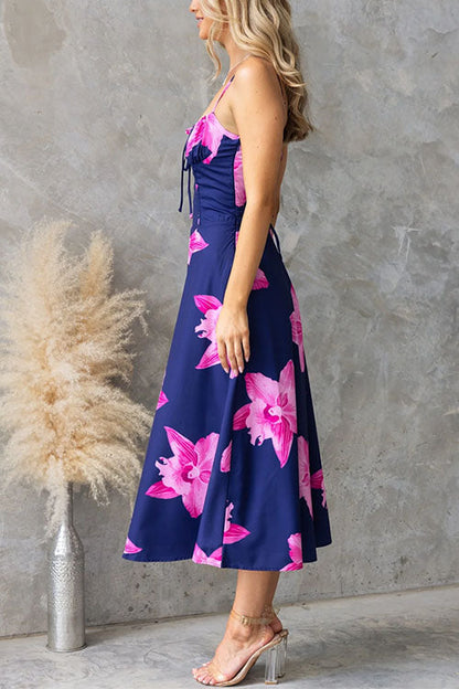 Adjustable Strap Back Lace-up Print Midi Dress