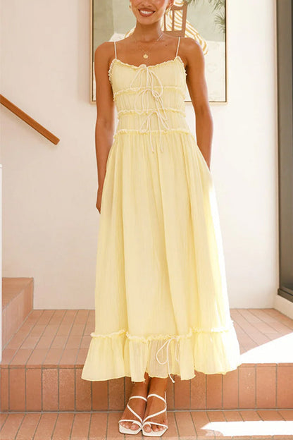 Spaghetti Strap Frill Trim Tie Bow Maxi Dress