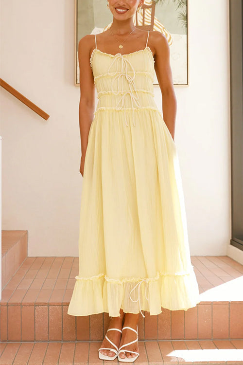Spaghetti Strap Frill Trim Tie Bow Maxi Dress