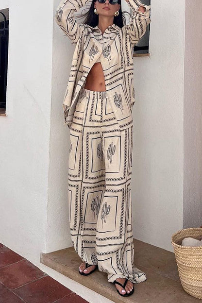 Cactus Print Lapel Long Sleeves Shirt Elastic Waist Wide Leg Pants Set