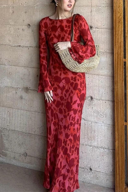 Moxidress Bell Long Sleeves Print Maxi Dress