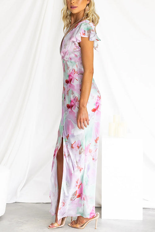 Deep V Neck Backless Slit Print Satin Maxi Dress
