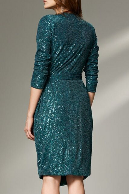 Bandage Sequins V Neck Wrapped Skirt Dresses