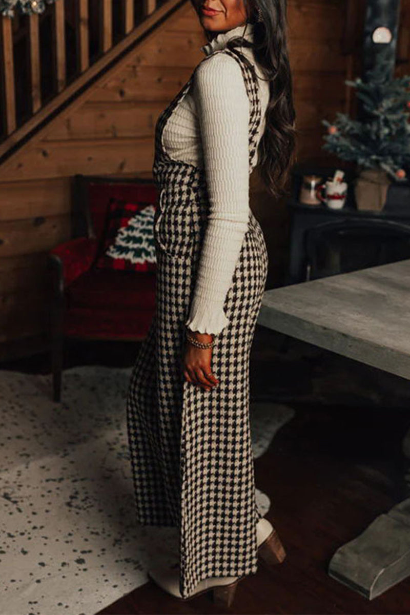 Plaid Pocket U Neck Loose Jumpsuits