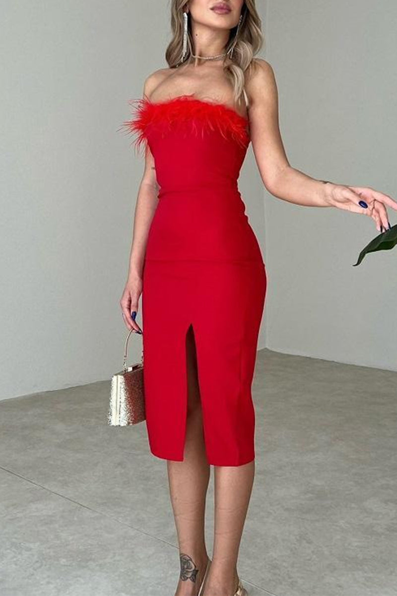 Feathers Slit Strapless Wrapped Skirt Dresses