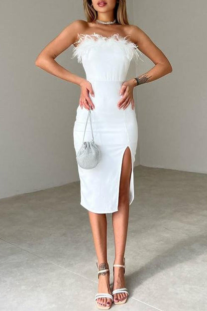 Feathers Slit Strapless Wrapped Skirt Dresses