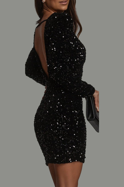 Backless Sequined O Neck Wrapped Skirt Dresses