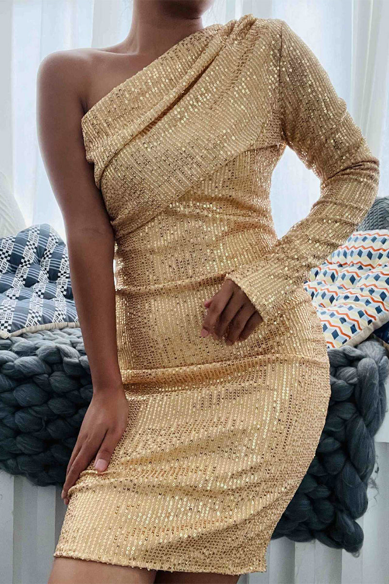 Party Patchwork Oblique Collar Wrapped Skirt Dresses