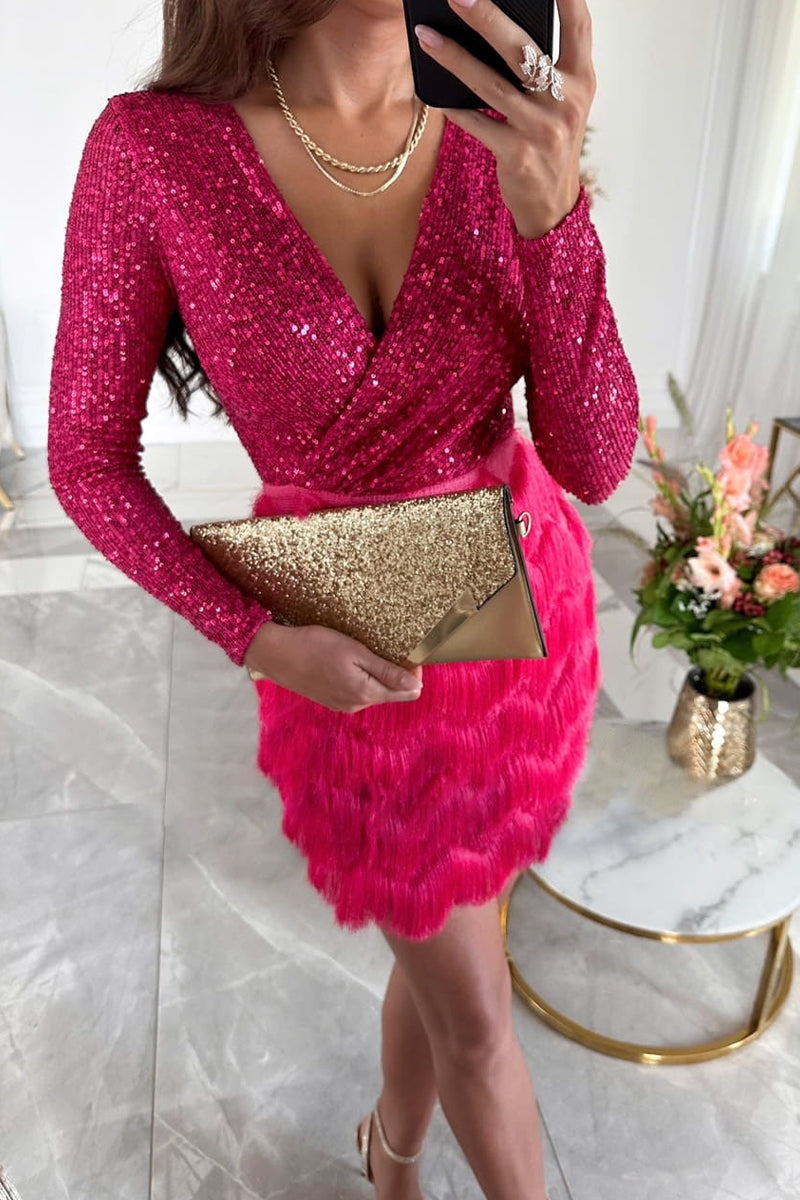 Tassel Sequins V Neck Wrapped Skirt Dresses(4 Colors)