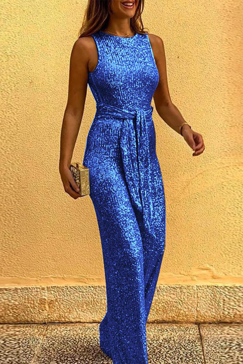 British Style Sequins Backless O Neck Jumpsuits