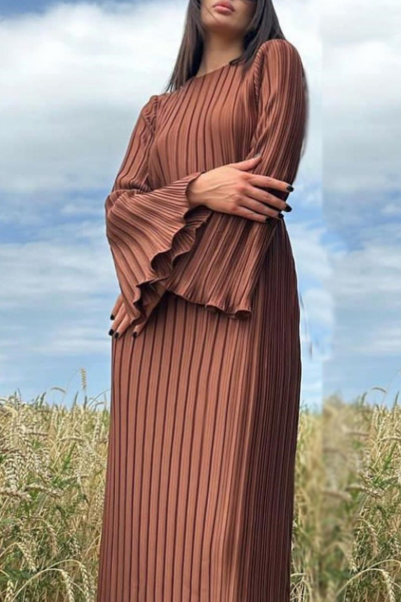 Street Patchwork Pleated O Neck Long Dress Dresses