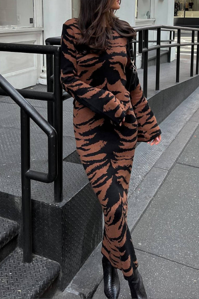 Street Leopard Jacquard Ripped Weave O Neck Pencil Skirt Dresses