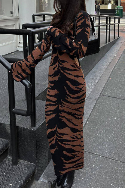 Street Leopard Jacquard Ripped Weave O Neck Pencil Skirt Dresses